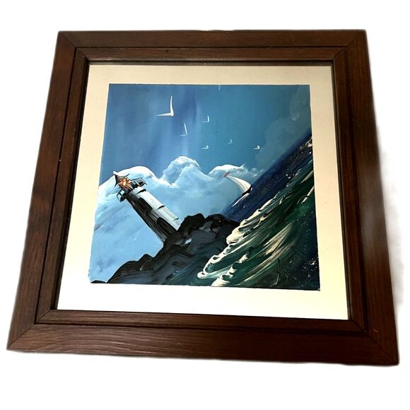 2 Hearts Other - RARE 1996 Lighthouse Scene Painted on Mirror Signed Art Piece by Tom Dunham